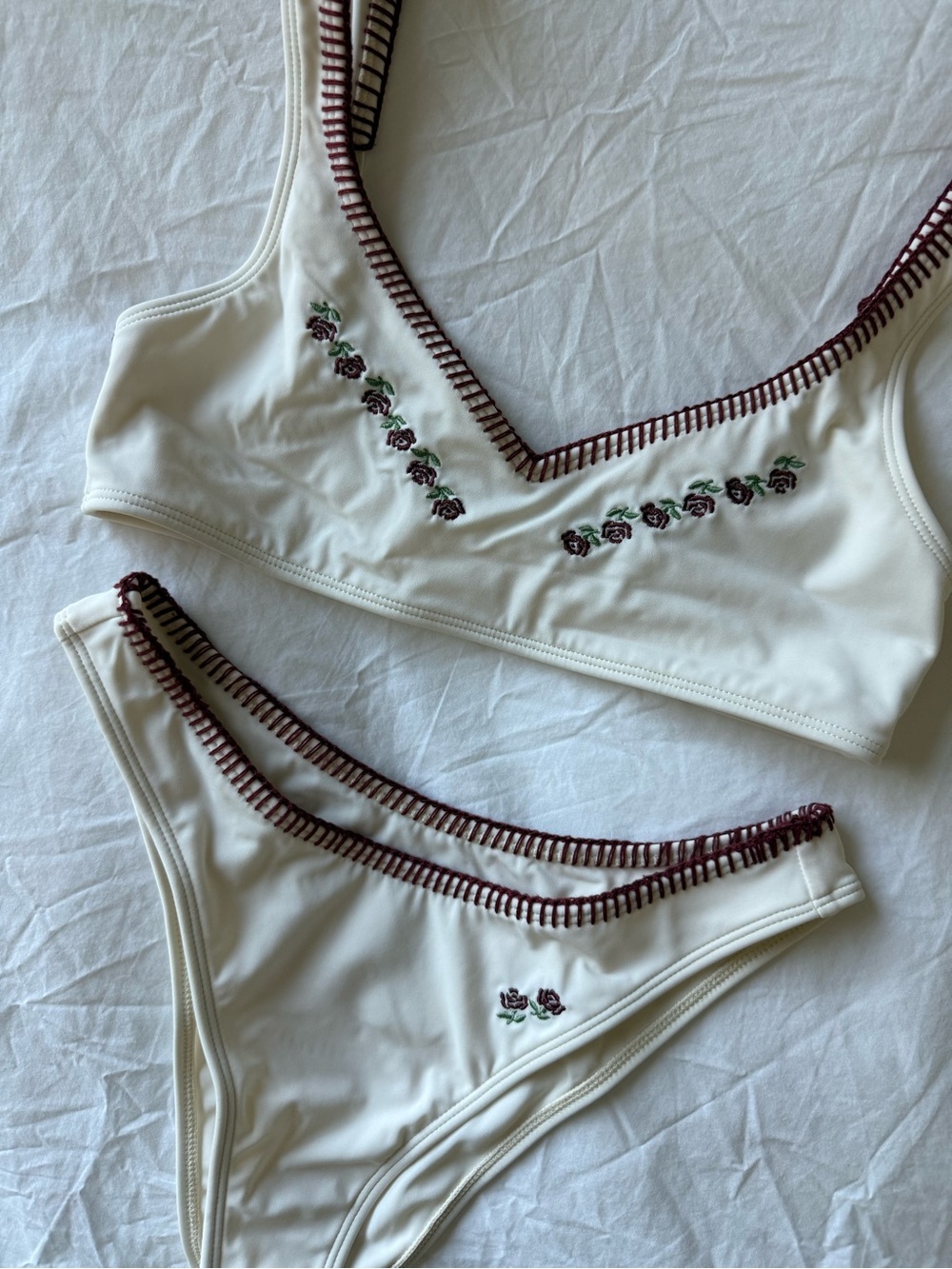 Amor y Besos Ivory Rosa Embroidered Tank Bikini Top + Scoop High Cut Bikini Bott